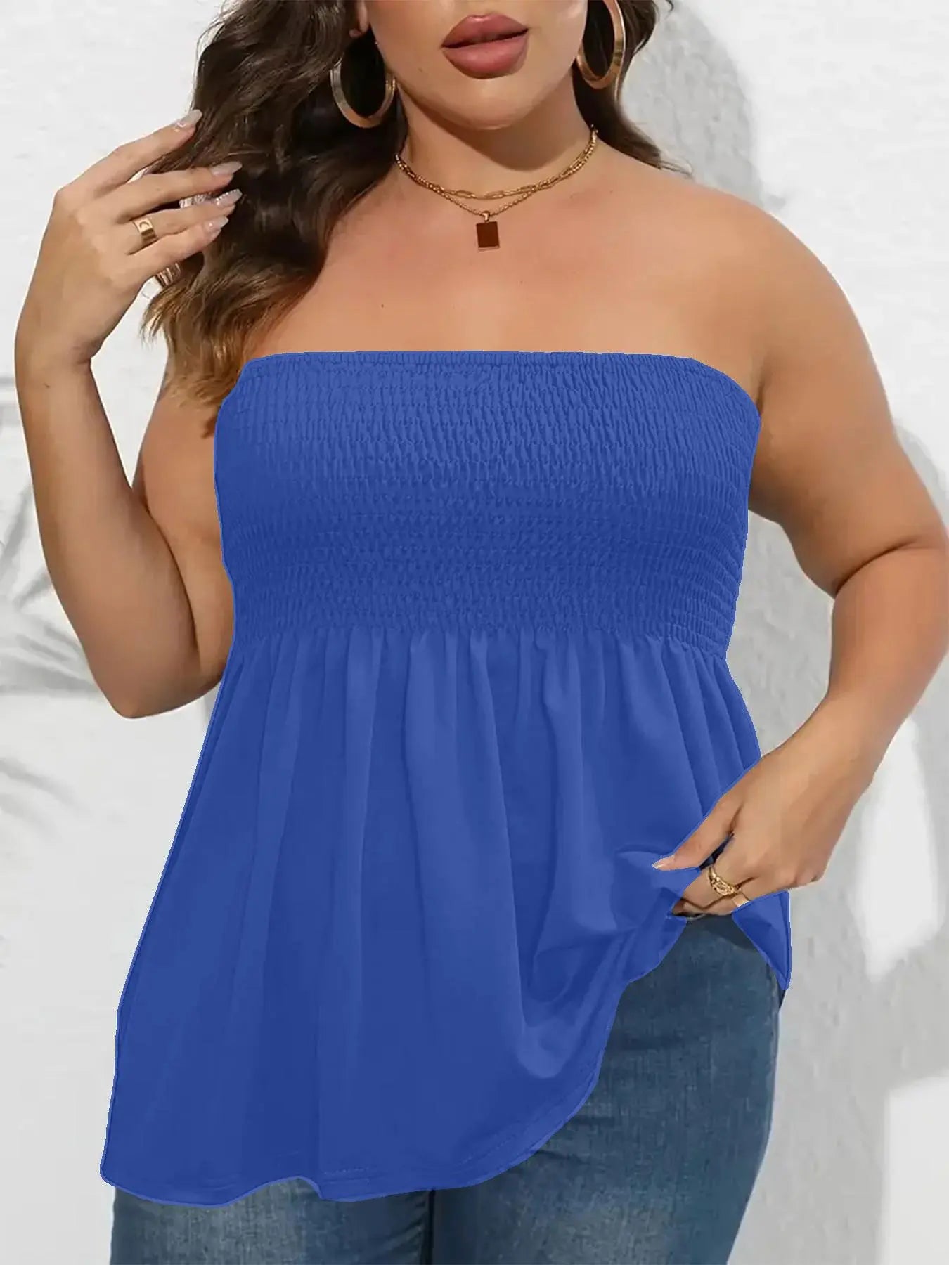 Plus Size Solid Ruffle Hem Shirred Tube Top, Boho Fashion Chic Elegant Style Tops, Lady Strapless Top, Womenswear, Casual Sleeveless Strapless Black Top