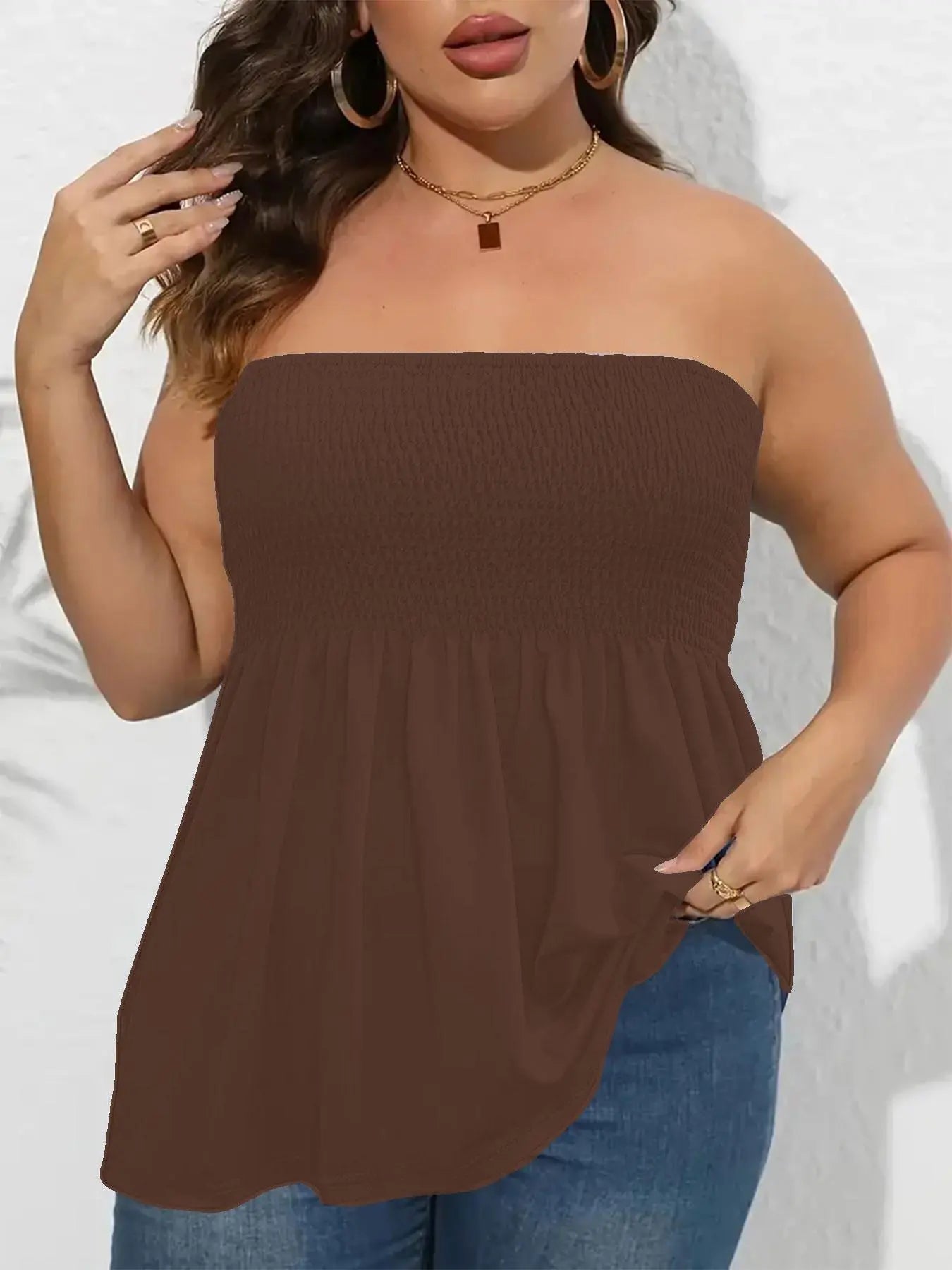 Plus Size Solid Ruffle Hem Shirred Tube Top, Boho Fashion Chic Elegant Style Tops, Lady Strapless Top, Womenswear, Casual Sleeveless Strapless Black Top