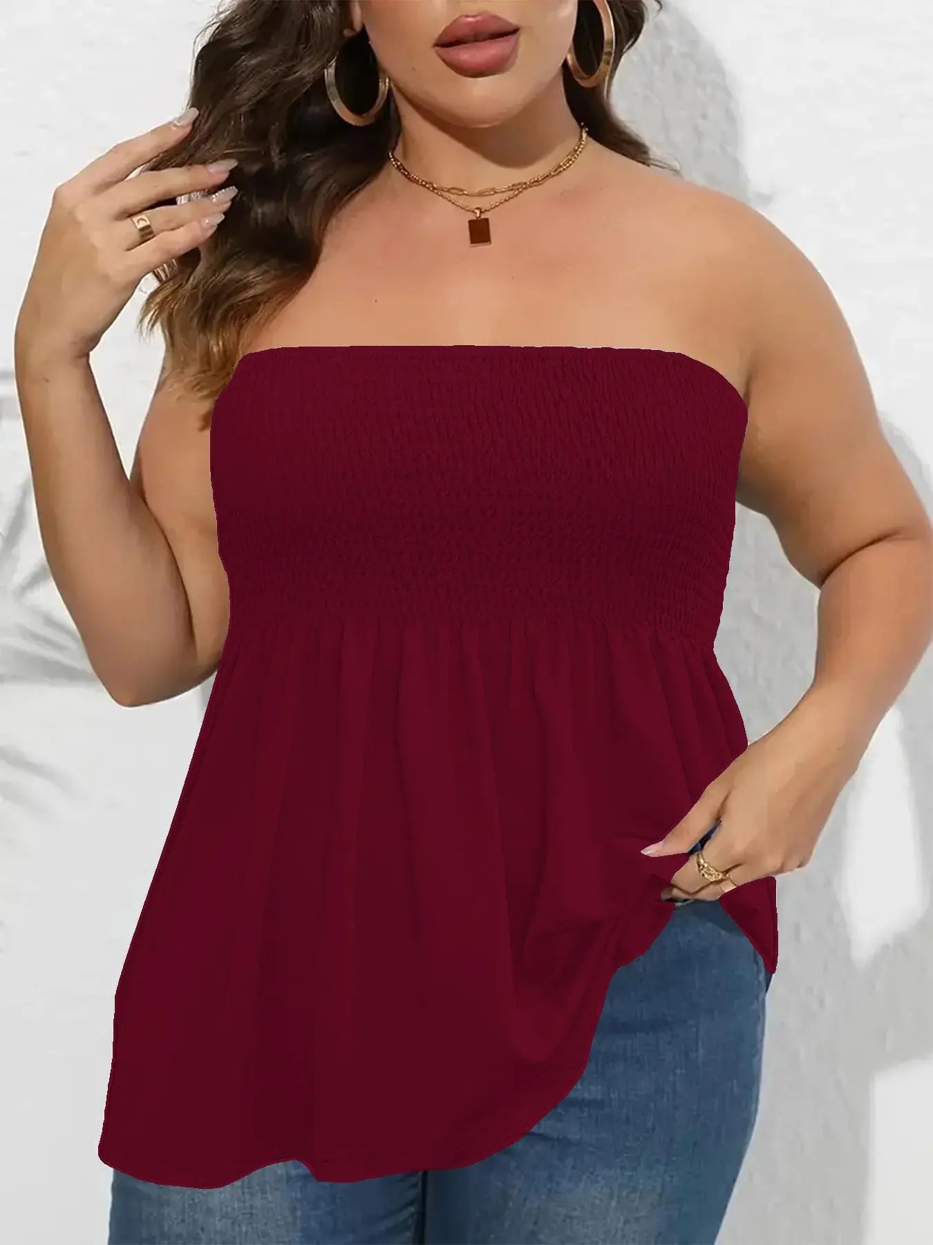 Plus Size Solid Ruffle Hem Shirred Tube Top, Boho Fashion Chic Elegant Style Tops, Lady Strapless Top, Womenswear, Casual Sleeveless Strapless Black Top