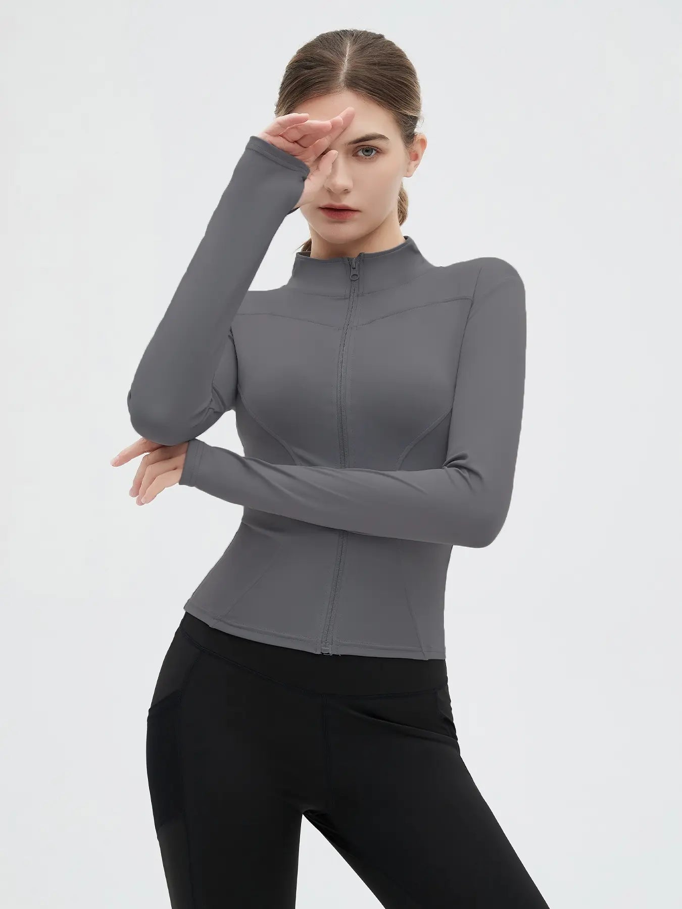 Women'S Thumb Holes Zip up Sports Jacket, Sporty Plain Long Sleeve Tops, Women'S Sportswear for Tennis Pickleball Indoor Outdoor Wear, Sports Outerwear, Zip Front Jacket