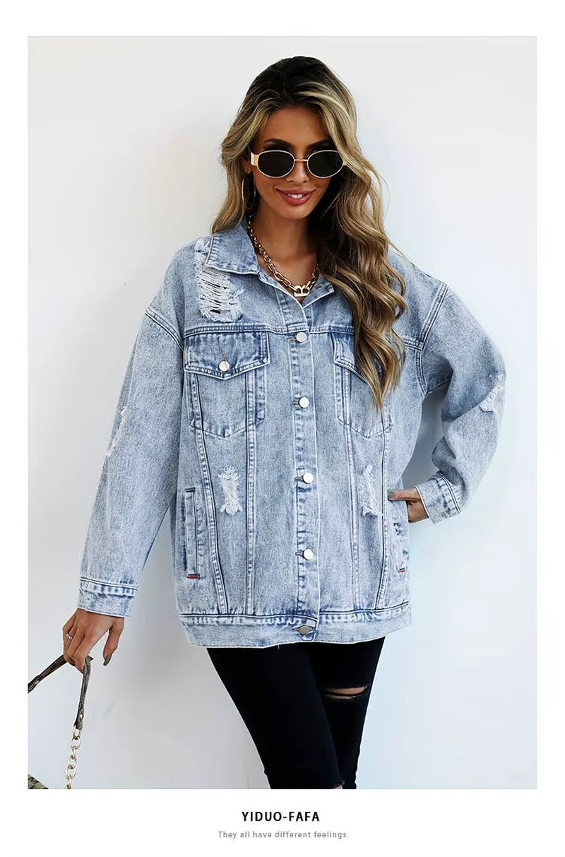 Jeans Jackets for Woman Jackets Euramerican Hole Autumn Winter Women'S Jeans Coats Outerwears Denim Top New Female Jean Fashion