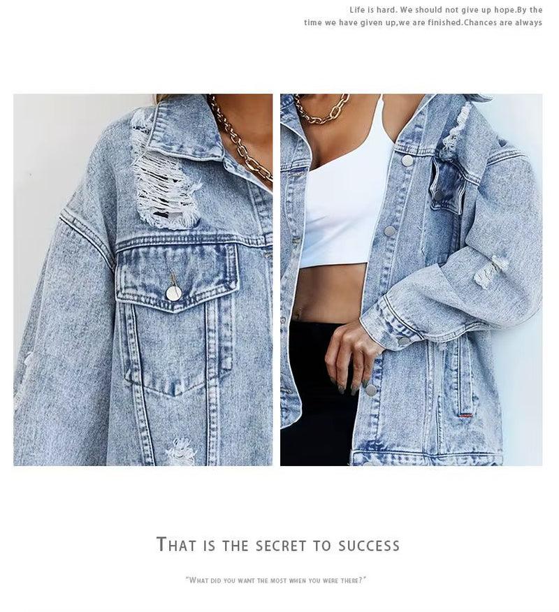 Jeans Jackets for Woman Jackets Euramerican Hole Autumn Winter Women'S Jeans Coats Outerwears Denim Top New Female Jean Fashion